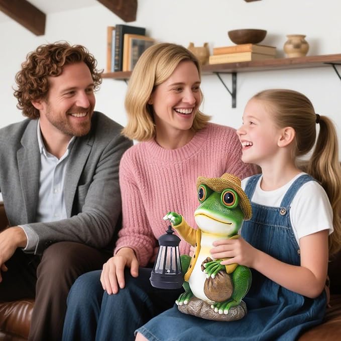 Large Frog Garden Statue, 13.3 Inches Tall, Resin Frog Decor with Solar Lantern for Outdoor Decoration and Housewarming