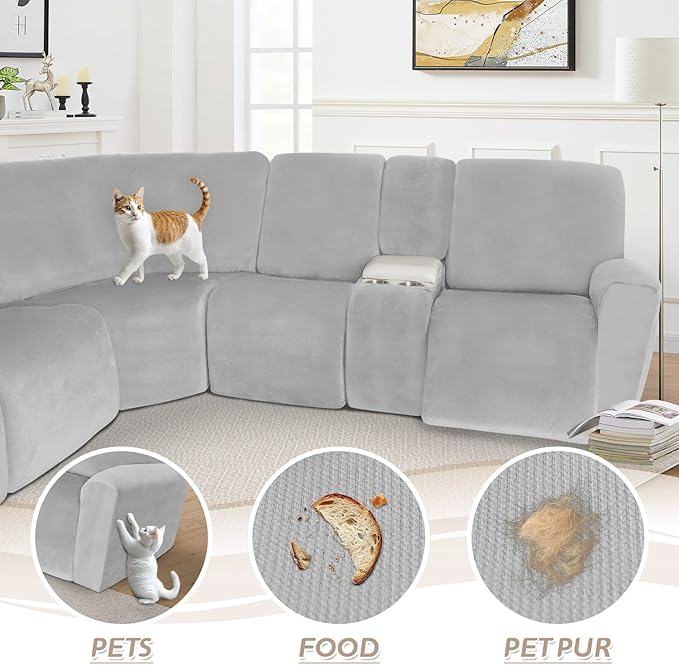Arfntevss Sectional Recliner Couch Covers Velvet Washable Corner Sectional Sofa Cover for Reclining Couch Stretch Soft Thick L Shape Recliner Slipcover Set (5 Seat with 2 Console Cover, Silvery Gray)