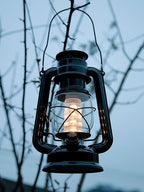 YAKii LED Vintage Lantern Metal Hanging Hurricane 12 LED Dimmer Switch Warm White Battery Operated Power Outage Indoor Camping Lighting Outdoor Brooklyn Decoration(Black)