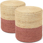 REDEARTH · Cylindrical Pouf Foot Stool Ottoman - Jute Braided Pouffe Poof Accent Sitting Footrest for Living Room, Bedroom, Nursery, Patio, Lounge Set of 2 (Natural Rust, 14.5"x14.5"x16")