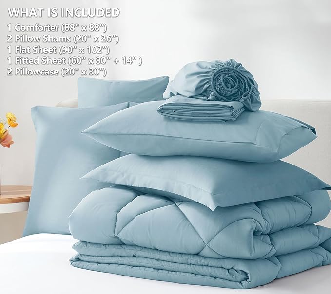 CozyLux Queen Comforter Set Light Blue - Bed in a Bag Queen Size 7 Pieces, Luxury Soft Bed Set for All Seasons, Bedding Set with Down Alternative Comforter, Sheets, Pillowcases & Shams