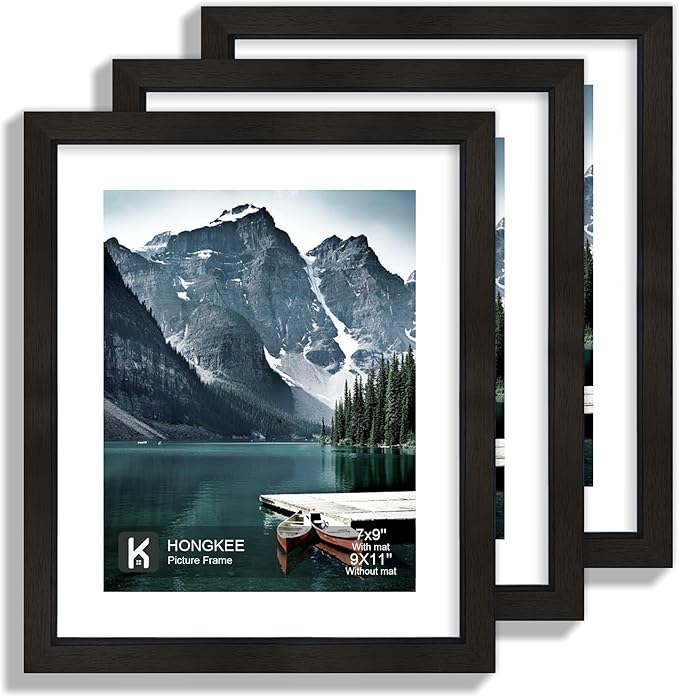9x11 Picture Frame with Real Glass - Display Pictures 7x9 with Mat or 9x11 without Mat, Photo Frame for Wall or Table Top Display(Black, 3 Pack)