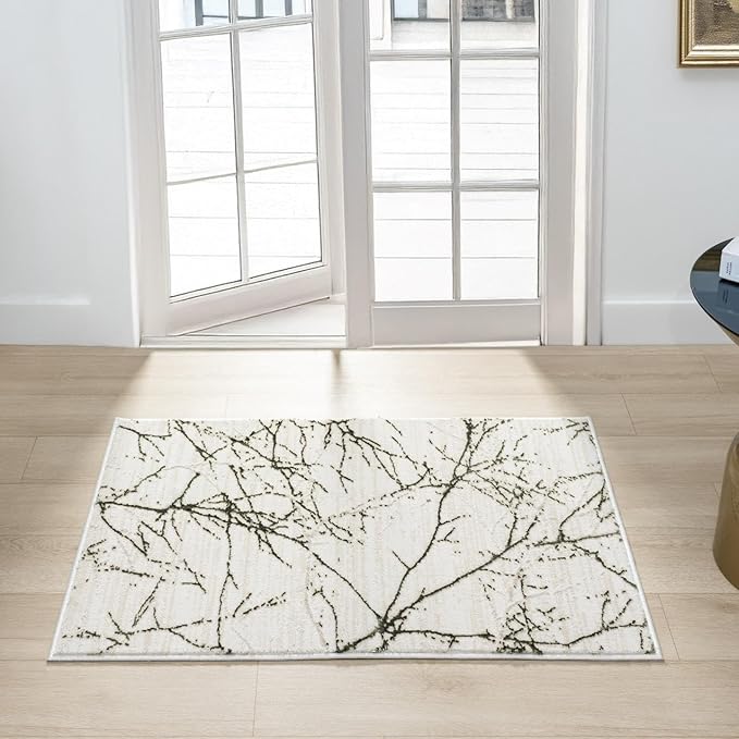 LUXE WEAVERS Modern Abstract Nature Cream Green 2x3 Entryway Rug, Non-Shedding Hallway Carpet