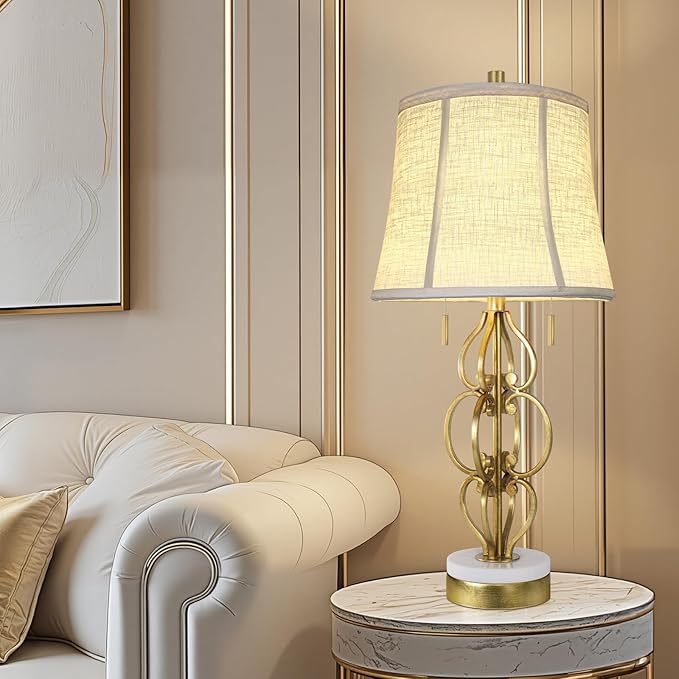 Scenekoy 27.75” Iron Art Table Lamp Set of 2 for Bedroom Living Room, Gold Leaf Night Stand Bedside Lamps with USB Ports, Pull Chains Modern Nightstand Lamp Line Shade for Home Decor (Bulbs Included)