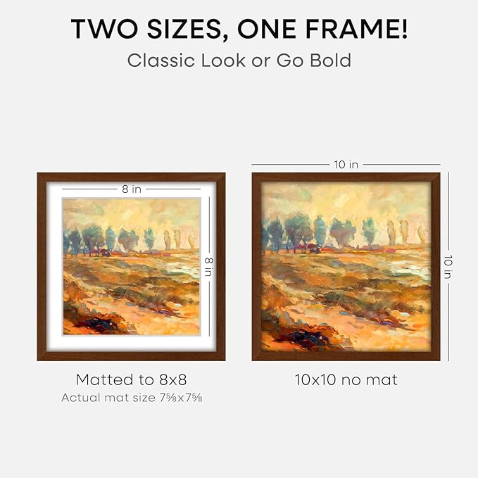 Homeforia 10x10 Picture Frame Brown, High-End Dark Oak 10 x 10 Square Brown Wood Frames with Mat 8 by 8 Photo, 10by10 Wooden Walnut Poster Frame Matted to 8x8 Print, Tempered Glass, Wall Kit, Set of 1