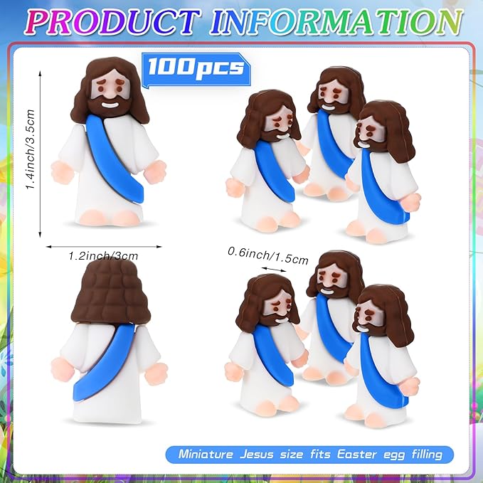 Bememo 100 Pcs Jesus Toys Original Design Mini Rubber Little Jesus Figurine to Hide and Seek Religious Party Favors Sunday School Craft Baptism Gifts for Easter Egg Stuffers(Blue)