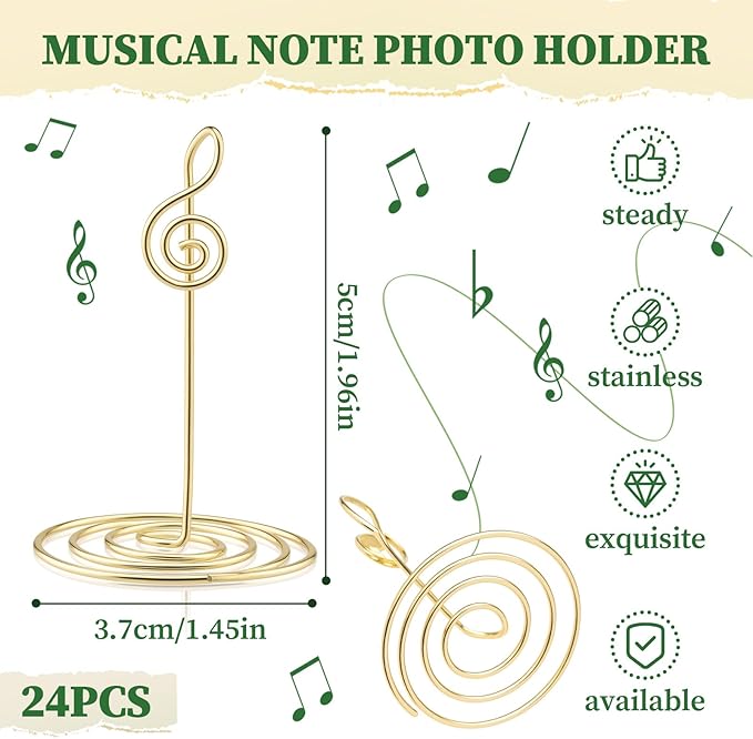 24 Pcs Gold Musical Note Photo Holders Table Number Photo Clips Holder Music Note Decoration Name Place Card Stand for Centerpieces Wedding Reception, Party, Birthday