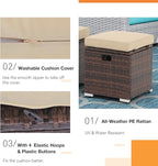 Patiorama 2 Piece Outdoor Patio Ottomans, All-Weather Brown PE Rattan Wicker Ottoman with Storage, Outdoor Footrest Footstool Seat w/Thick Cushion, Built-in Handle for Backyard Poolside Porch (Beige)