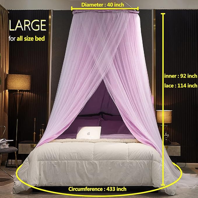 Kertnic Luxurious Bed Canopy for Girls & Adults - Double Layer Princess Canopy with Lace, Round Dome Mosquito Netting for Queen/King Bed Tent (Purple)