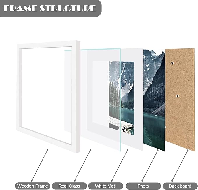 10x10 White Picture Frames set of 3, Made of Wooden and Real Glass Square Photo frame - Displays 8x8 Picture With Mat or 10 x 10 Without Mat, Desktop & Wall Collage Frame set
