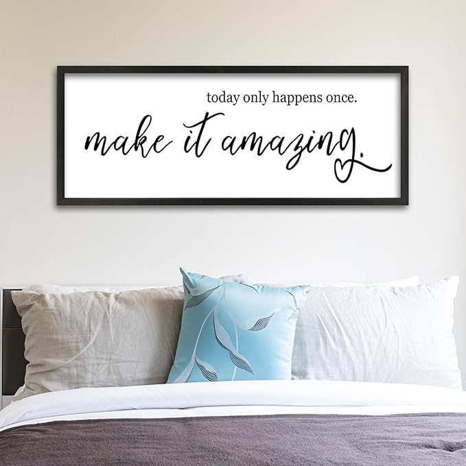 Inspirational Wall Art Today Only Happens Once Make It Amazing Sign 32"×12" Motivational Quote Farmhouse Positive Decor for Home Office Living Room Large Wood Framed Hanging (Black)