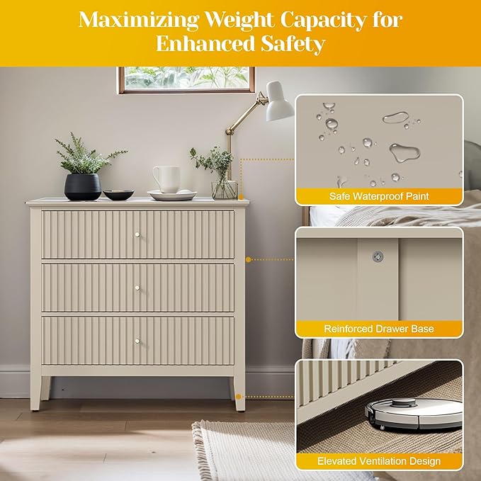 Large Beige 3 Drawer Dresser, Painted 30 Inch Tall Wood Nightstand with Storage, Wide Modern Chest of Drawers with Ball Bearing Slide for Bedroom Hallway Living Room Entryway Office