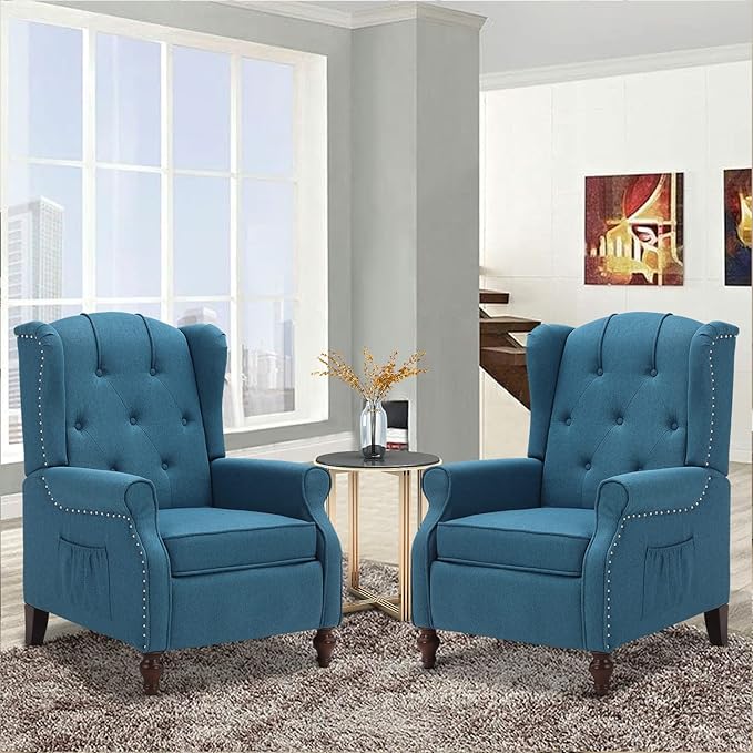 Wingback Recliner Chair with Massage and Heat, Tufted Fabric Push Back Recliner Chair for Living Room, Vintage Wingback Chair with Remote Control, Padded Cushion, Backrest, Wooden Legs