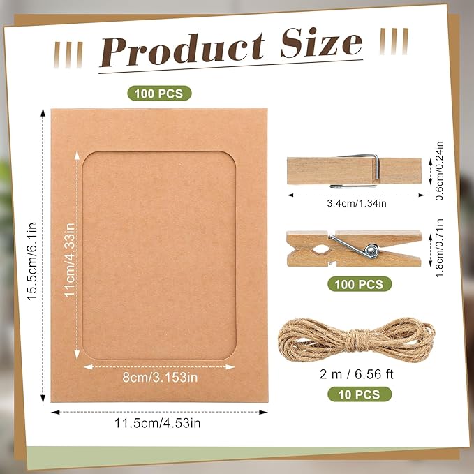 Janlaugh 100 Pcs Paper Photo Frames 4x6 Kraft Paper Picture Frame with 100 Clip 10 String Kit DIY Hanging Cardboard Photo Holder Back to School Wall Decor Wedding Home