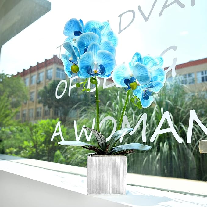 Artificial Potted Orchid Faux Phalaenopsis Silk Flowers Bonsai Realistic Arrangement in Silver Vase for Home Decoration Table Centerpiece, Blue