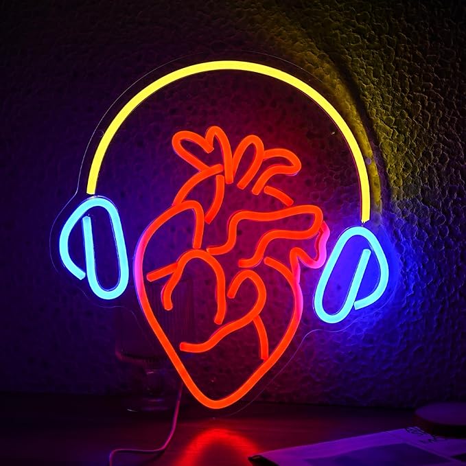 Heart With Headphone Neon Sign USB Power Music Heart Neon Light Dimmable Music Lover Led Art Sign Wall Decor for Bedroom Bar Party Studio Unique Gift for Music Enthusiasts