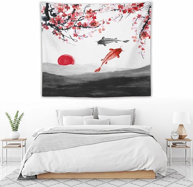 Houselerax Japanese Koi Fish Tapestries, Cherry Blossoms Asian Oriental Flower Branch Koi Fish Carp Tapestry Wall Hanging for Bedroom Living Room Office Decor 60"x50"