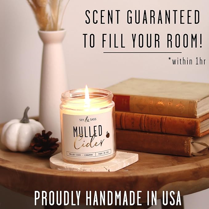 Mulled Cider Candle, Fall Candles I Apple Cider Candle w/Cinnamon & Nutmeg - Infused w/Essential Oils I Mulled Cider Fall Scented Candles (Soy) for Home I 9oz Reusable Jar I 50Hr Burn I Made in USA