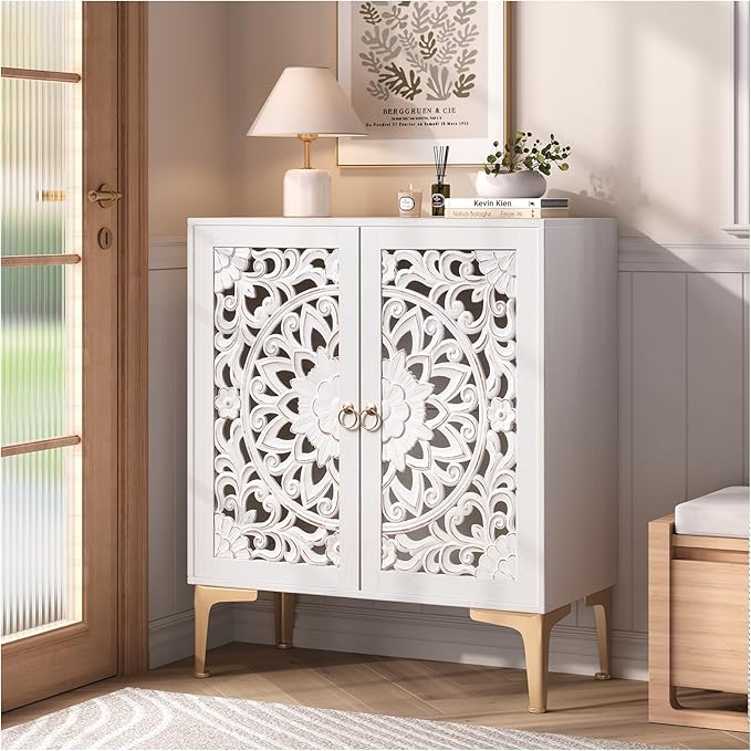 Accent Cabinet with Doors,Storage Cabinet with Gold Legs and Adjustable Shelf, Sideboard Buffet for Living Room,Entryway,Dining Room,Bedroom,White