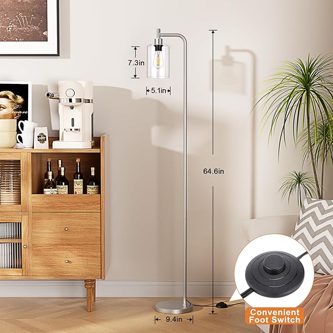 Floor Lamps for Living Room - Industrial Standing Lamp with Glass Shade, Modern Floor Lamp with LED Bulbs, Tall Lamp for Bedroom Office - Brushed Nickel