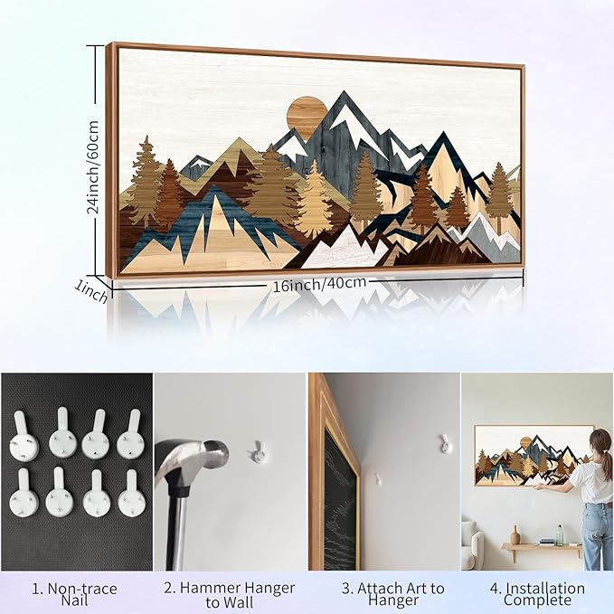SIGNINART Large Mountain Framed Canvas Wall Art, Boho Sunrise Wilderness Wall Decor, Vintage Forest Nature Artwork, Modern Farmhouse Woodcut Style Art Prints for Living Room Bedroom, Office 20"x40"