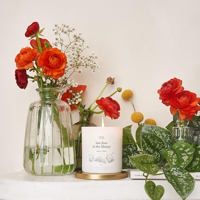 Literie NYC Inspired Scented Candle: Late Fees at The Library - Paper & Linen Scent, 9oz, 50 Hour Burn, Vegan Soy & Coconut Blend Candle for Home Decor, Gift for Women & Men