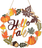 Fall Decoration Hello Fall Wreaths for Front Door, Wooden Welcome Maple Leaf Pumpkin Door Sign Ornament, Wood Farmhouse Wooden Hanging for Autumn Harvest Home Halloween Decoration