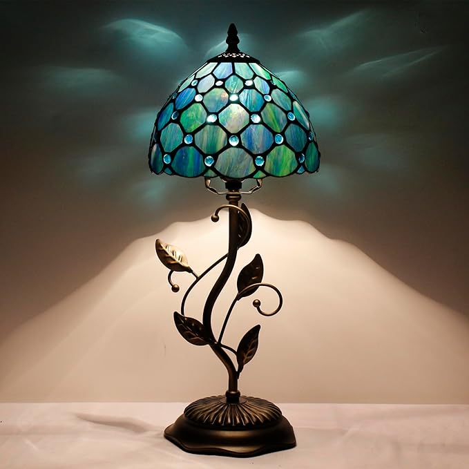 Small Tiffany Lamp Sea Blue Pearl Style Stained Glass Table Lamp Metal Leaf Accent Desk Memory Lamp Sympathy 8X20 Inch