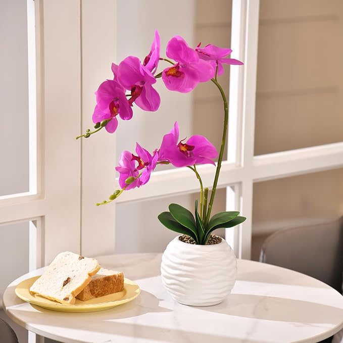 Artificial Potted Orchid Faux Phalaenopsis Silk Flowers Bonsai Realistic Arrangement in Ceramic Vase for Home Decoration Table Centerpiece, Fuchsia