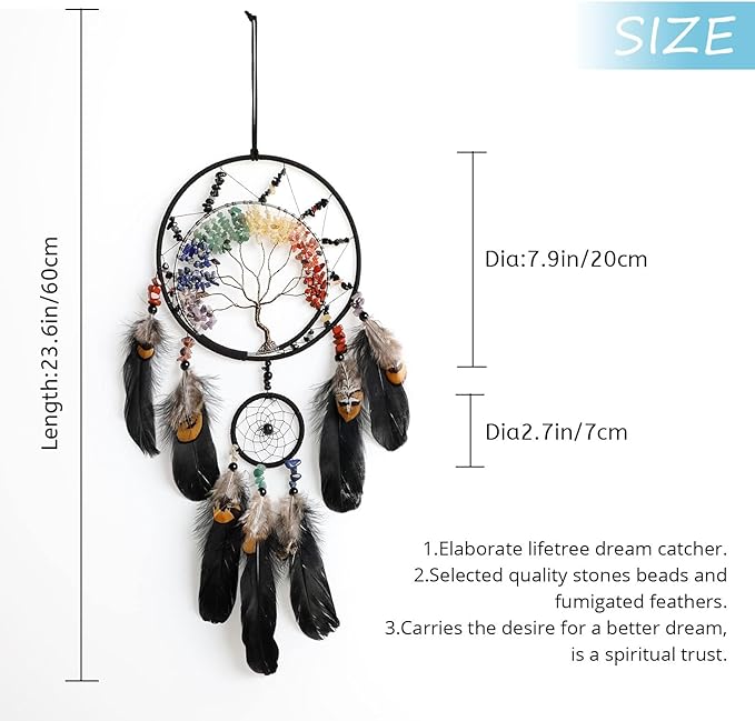 7 Chakras Black Tree of Life Dream Catchers Wall Decor with Rainbow Healing Crystal Stone Handmade Art Feather Dreamcatcher Wall Hanging Ornament for Bedroom Decor Blessing Gift Wedding Party-23.6"
