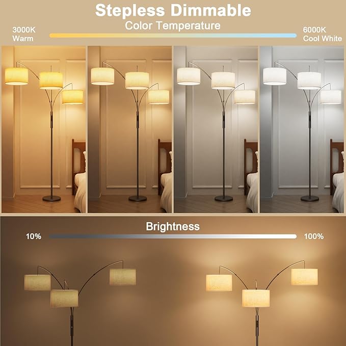 36W LED Arc Floor Lamp with 3 Fabric Shades, 3000LM Super Bright Standing Lamp with Remote Control & Touch, Stepless Dimming, Individual Light Control for Living Room, Bedroom