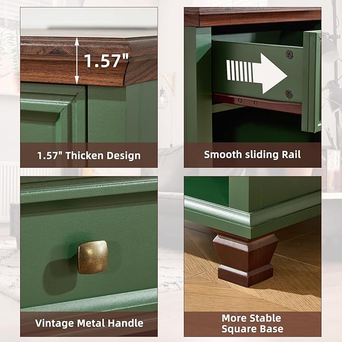 Farmhouse Side Table Set of 2 with Charging Station, Rustic Wood End Table with Drawer, Small Nightstands with Open Shelf for Bedroom, End Tables for Living Room, Green