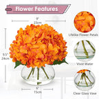 Hollyone Hydrangea Artificial Flowers in Vase Orange Silk Fake Flowers Arrangements with Glass Vase with Faux Water Faux Floral Bulk Bouquet for Office Table Centerpiece Shelf Home Decoration