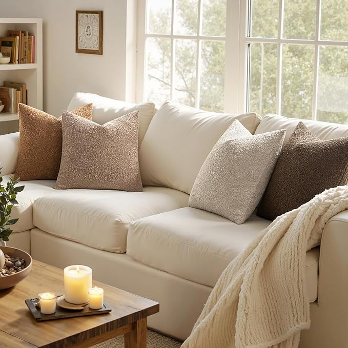 MIULEE Pack of 4 Decorative Textured Boucle Throw Pillow Covers 18x18 Inch Neutral Brown Accent Solid Pillow Cases Couch Cushion Covers for Fall Modern Farmhouse Boho Chair Sofa Bed Room Home Decor