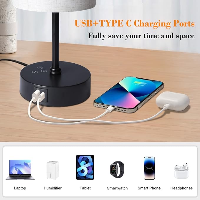 Ascher 2 Pack Table Lamp RGB Color Changing - 3 Color Temperatures Stepless Dimmable Small Bedside Lamp for Bedroom, Touch Control Nightstand Light with Flaxen Shade for Reading Home Decor Lights