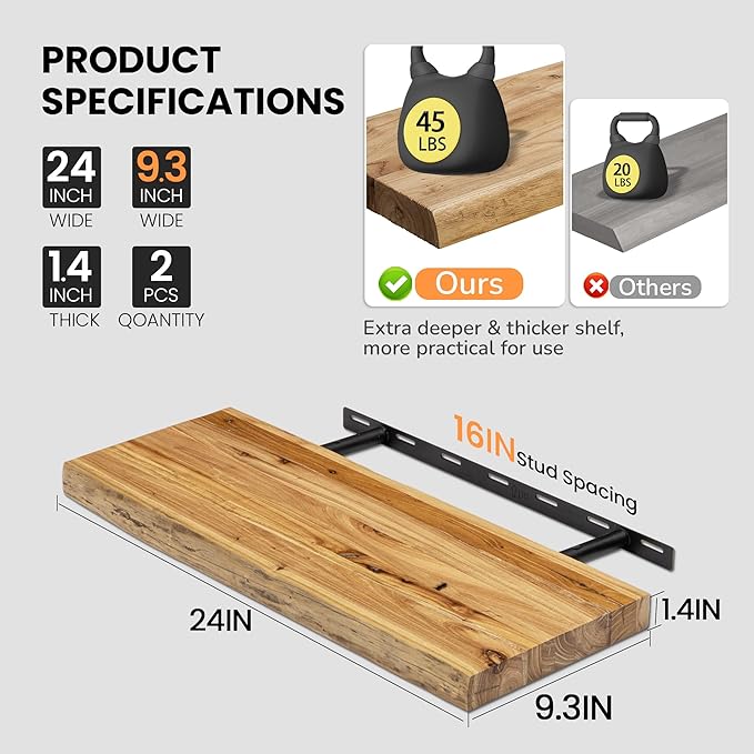 Fun Memories Floating Shelves for Wall, 24"x9.3" Rustic Solid Elm Wood Floating Shelves, Heavy-Duty Wall Shelf with Invisible Brackets, Set of 2 for Living Room, Bedroom, and Kitchen, Natural Finish