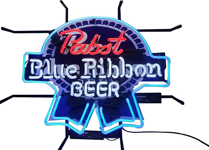 Neon Signs Compatible For Pabst Blue Ribbons Beer Bar Glass Neon Signs for Office Hotel Pub Cafe Party Man Cave Neon Light Art Wall Lights 24 X 20 Inches