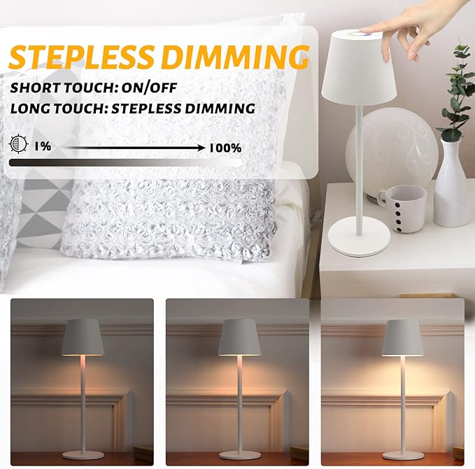 Maksone 2 Pack LED Cordless Table Lamp, 6600mWh Rechargeable Battery Desk Lamp, 3000K Stepless Dimming Night Light, IP54 Waterproof Metal Outdoor Portable Lamp for Camping, Restaurant (White)