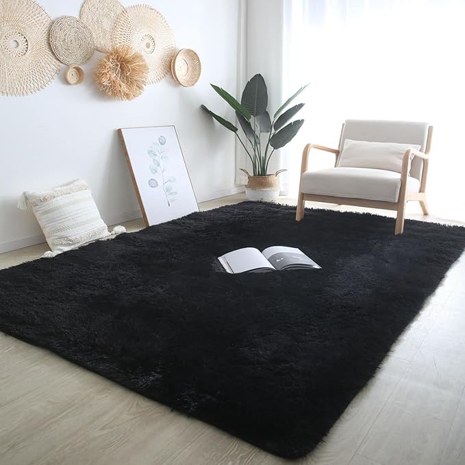 CAIYUECS Shag Area Rug,Indoor Ultra Soft Plush Rugs for Bedroom Living Room, Non-Skid Modern Nursery Faux Fur Rugs for Kids Room Home Decor (6x9 Feet, Black)