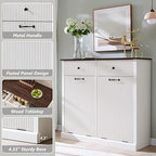 Modern Double Tilt-Out Trash Cabinet, 20 Gallon Fluted Laundry Hamper Cabinet w/2 Drawers, Wooden Hidden Garbage Can Cabinets with Storage Basket,Free Standing for Kitchen & Living Room, White