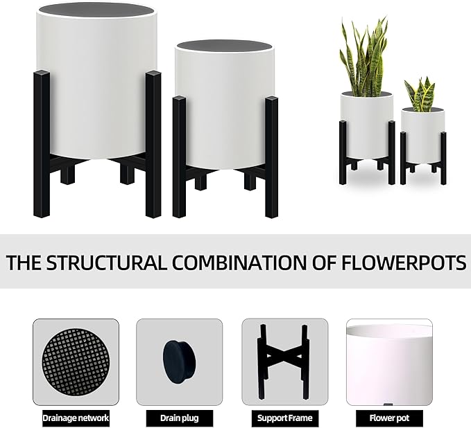 Plant Pot with Stands Set of 2, Mid Century Planters for Indoor Plants Modern Decorative Flower Pots for Balcony, Office, Living Room or Garden with Drainage Plug, 12 inch & 10 inch