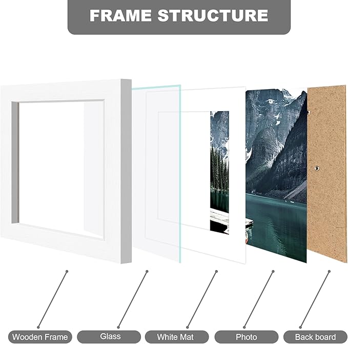 5x5 Picture Frame with Real Glass - Display Pictures 4x4 with Mat or 5 x 5 without Mat, Photo Frame for Wall or Table Top Display(White, 3 Pack)