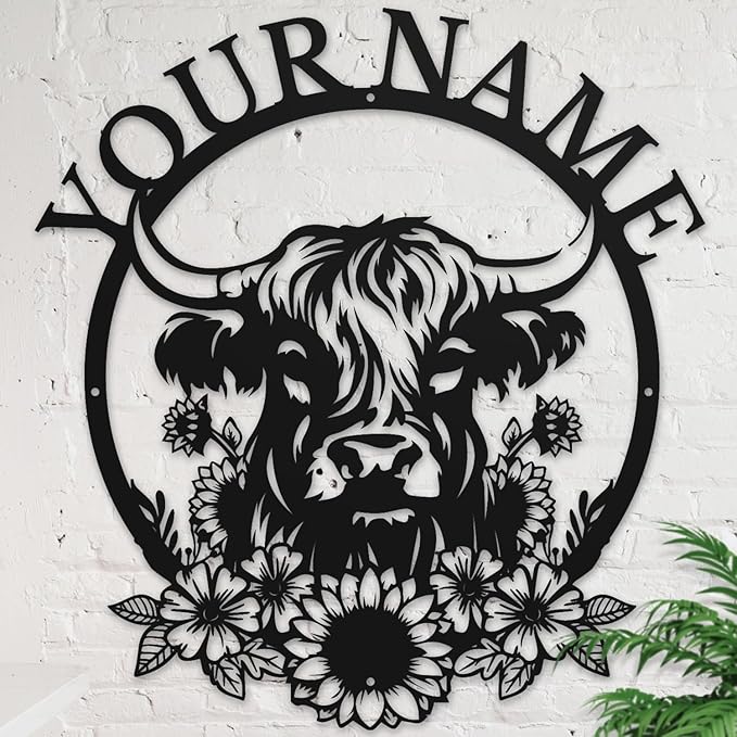 Personalized Highland Cow Name metal Signs,Custom Highland Cow Metal Shed Wall Decor,Black Metal Wall Art Plaques Outdoor wall Decorative Signage (Style H)