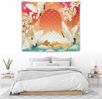 HZOHNAGO Japanese Tapestry Cherry Blossom Crane Sea Wave Fuji Mountain Red Sun Pattern Printed Wall Tapestry Painting Wall Hanging for Bedroom Living Room Dorm 60" W x 50" H