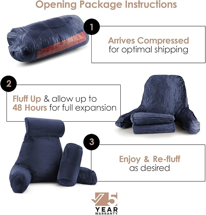 Nestl Reading Pillow Large Bed Pillow, Back Pillow for Sitting in Bed Shredded Memory Foam Chair Pillow, Reading & Bed Rest Pillows Navy Blue Back Pillow for Bed, Bed Chair Arm Pillow with Pockets