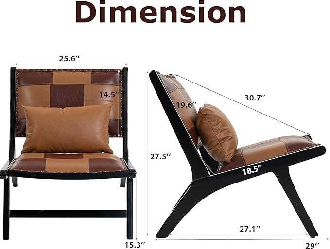 Accent Chair, Modern Comfy Genuine Leather Armless Mid-Century Anthropologie Accent Chairs, Lounge Arm Chair with Solid Wood, Floral Pattern Sofa Chair for Living Room/Office/Balcony/Bedroom