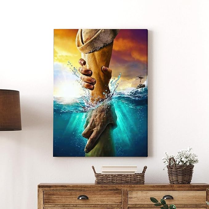 Framed Jesus Christ Canvas Wall Art The Hand of God Jesus Reaching Into Water Christian Painting Prints Biblical Wall Decor Religious Room Decor for Church Prayer Room Schools Hospitals 12" x 16"