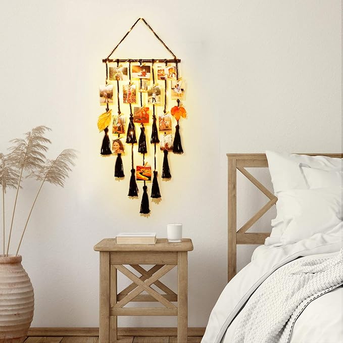 Homecor Hanging Photo Display Wall Decor, Black Macrame Hanging Boho Room Decor, Picture Frame Collage with Remote Light 30 Clips, Bedroom Apartment Home Decor, Christmas Mom Grandma Teen Girl Gifts