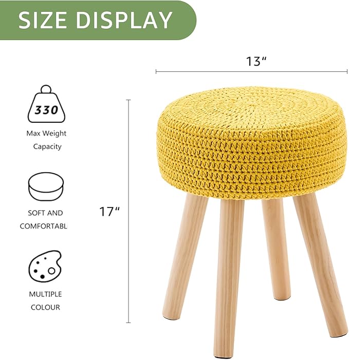 Wimarsbon Pouf Ottoman, 100% Cotton Knitted Boho Footstool, Round Footrest with Non-Skid Wood Legs, Home Décor Handmade Pouffe, Leisure Floor Step Stool for Living Room (Long Leg - Yellow)