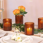 Amber Glass Cylinder Vases for Centerpieces, Set of 6 Small Vases for Flowers, Ribbed Flower Vases Fall Wedding Table Decor for Hurricane Floating Candle Holder, Bud Vases for Home Party Decor, 4"
